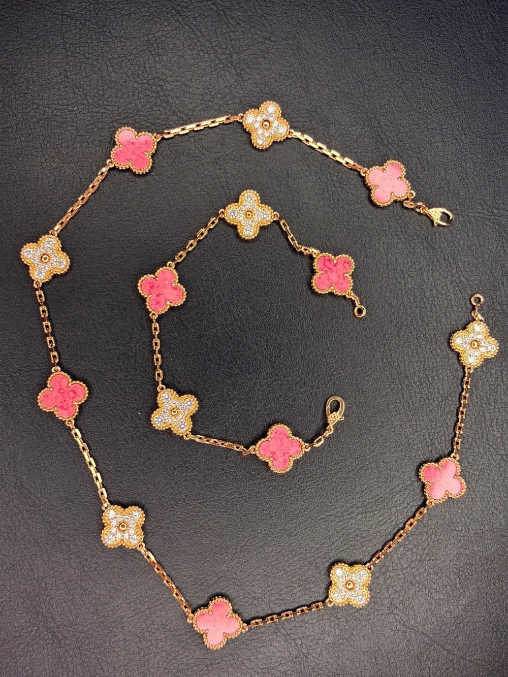 High Quality 18K Rose Gold Pink Natural Rhodonite double side four leaf clover